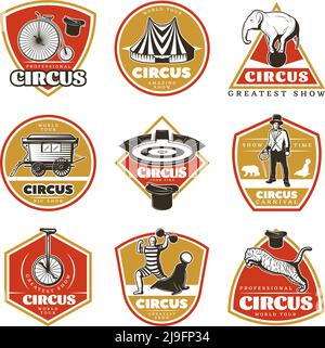 Colored hand drawn carnival labels set with trained animals artists and circus elements in vintage style isolated vector illustration Stock Vector