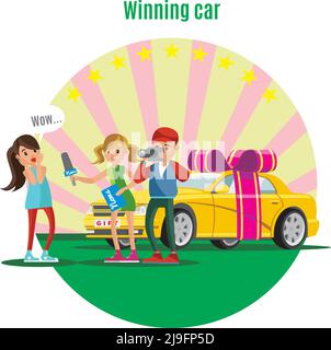 Colorful lottery winner concept with reporters interviewing happy girl winning new car vector illustration Stock Vector