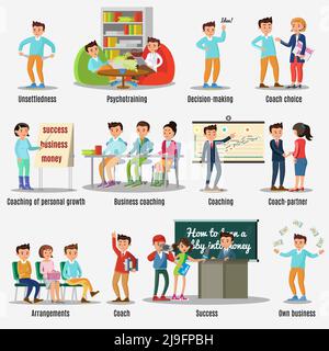 Coaching characters set with different kinds of training teaching and motivations isolated vector illustration Stock Vector