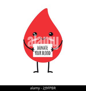 Vector hand drawn flat blood drop with donate your blood card isolated on white background Stock Vector