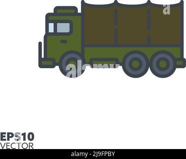 Military truck vector filled line icon. Army vehicle color symbol. Stock Vector