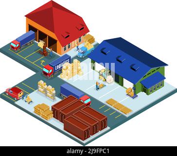 Isometric warehouse area concept with workers and transport involved in logistic shipping loading delivery processes isolated vector illustration Stock Vector