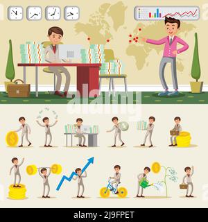 Colorful business investment composition with successful rich businessman in different situations isolated vector illustration Stock Vector
