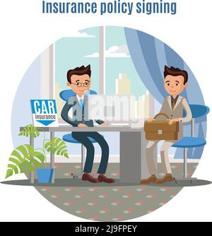 Car insurance service concept with agent and client signing policy in office vector illustration Stock Vector