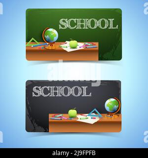 Education horizontal banners with hatching inscription realistic school supplies on table and chalkboard vector illustration Stock Vector