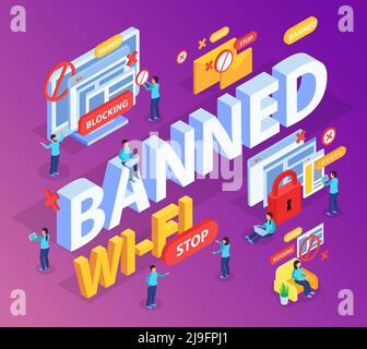 Banned 3d lettering with stop and lock signs in blocking internet users sites isometric composition vector illustration Stock Vector