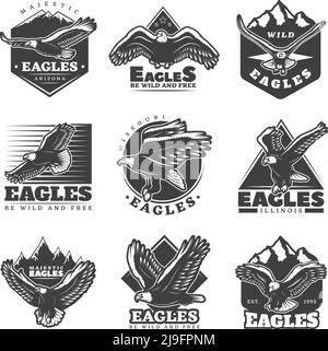 Vintage beautiful flying eagles set in different poses symbolising ...
