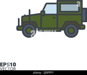 Offroad vehicle vector line icon with color fill. Military four-wheel-drive color symbol. Stock Vector