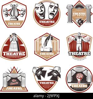 Colored vintage theatre labels set with actors carnival and theatrical elements in hand drawn style isolated vector illustration Stock Vector