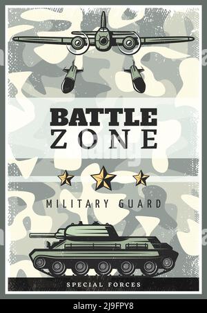 Vintage colored military poster with heavy bomber dropped bombs and battle tank on camouflage background vector illustration Stock Vector