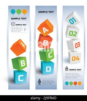 Geometric business infographic vertical banners with colorful 3d cubes numbers text icons options vector illustration Stock Vector