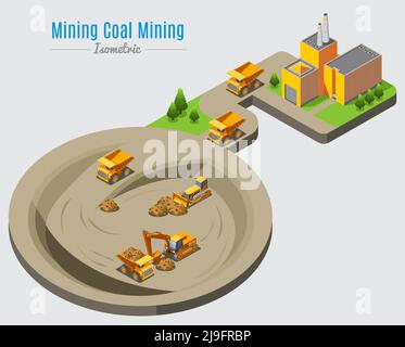 Isometric coal mining concept with factory and dump trucks bulldozer excavator working in quarry isolated vector illustration Stock Vector