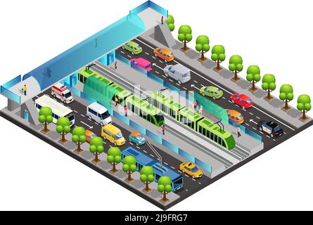 Isometric city traffic template with moving vehicles tramway people trees and pedestrian bridge across road isolated vector illustration Stock Vector