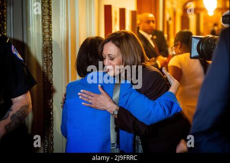United States Vice President Kamala Harris, right, embraces United States Senator Mazie Hirono (Democrat of Hawaii) following a Senate procedural vote on the Womenâs Health Protection Act of 2022 at the US Capitol in Washington, DC, Wednesday, May 11, 2022. Credit: Rod Lamkey / CNP Stock Photo