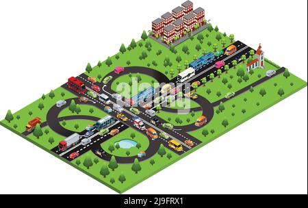 Isometric highway traffic template with automobiles buses trolleybuses taxi ambulance police cars moving on road isolated vector illustration Stock Vector