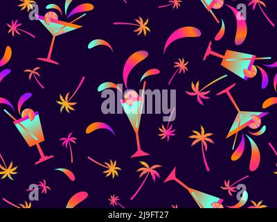 Cocktail with umbrellas and palm trees seamless pattern. Gradient alcoholic cocktails with umbrellas and a slice of fruit. Design of bar menus, advert Stock Vector