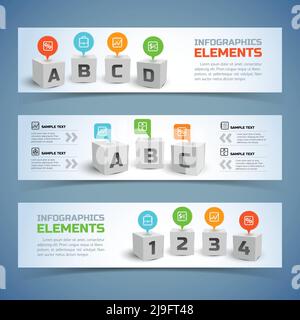 Cubes infographic horizontal banners with 3d squares text icons and options isolated vector illustration Stock Vector