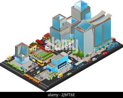 Isometric modern cityscape concept with office living supermarket school buildings public transport people metro station isolated vector illustration Stock Vector