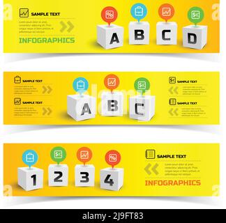 Colorful infographic horizontal banners with 3d squares text tags icons on bright background isolated vector illustration Stock Vector