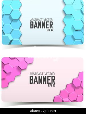 Abstract geometric horizontal banners with blue and pink 3d hexagons in mosaic style isolated vector illustration Stock Vector