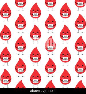 Vector seamless pattern of hand drawn flat blood drop with donate your blood card isolated on white background Stock Vector