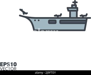 Aircraft carrier vector filled line icon. Navy ship outline symbol. Stock Vector