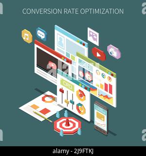 Conversion rate optimization isometric concept with colorful video promotion and seo icons vector illustration Stock Vector