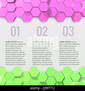 Business infographics with text numbered steps pink and green 3d hexagons on white background vector illustration Stock Vector