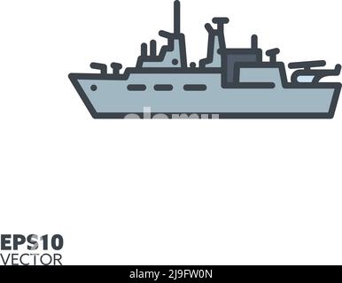 Frigate vector filled line icon. Navy ship color symbol. Stock Vector