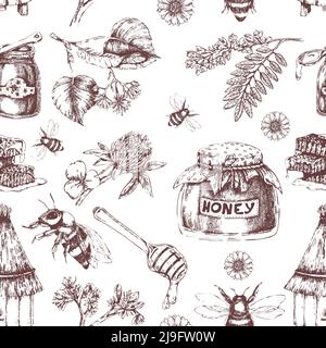 Honey hand drawn seamless pattern with hive plants pots of bee product on white background vector illustration Stock Vector