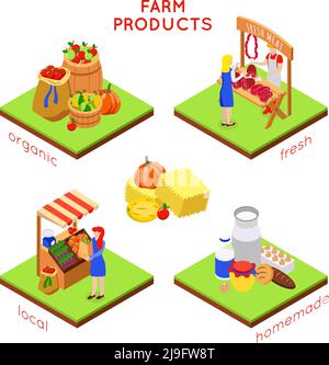 Farm local market isometric 4x1 design concept with compositions of food images human characters and text vector illustration Stock Vector
