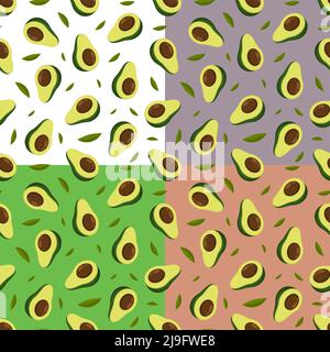 Set of seamless patterns with avocado fruit whole and cut in half with pit in middle. Exotic fruit. Ornament for decoration and printing on fabric. De Stock Vector