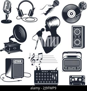 Karaoke elements monochrome vintage set including singing woman with microphone in hand audio equipment isolated vector illustration Stock Vector