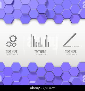 Infographics with monochrome business icons and decorations from blue 3d hexagons on white background vector illustration Stock Vector