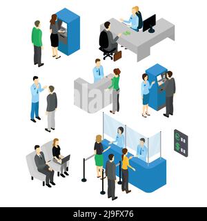 People in bank isometric set with employees and clients atm machine and currency exchange isolated vector illustration Stock Vector