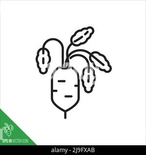 Daikon or white radish, root with leaves vegetable icon, outline style vector illustration Stock Vector