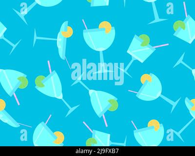 Cocktail with umbrellas seamless pattern. Alcoholic cocktails with umbrellas and orange slice on blue background. Design for bar menus, advertising ma Stock Vector