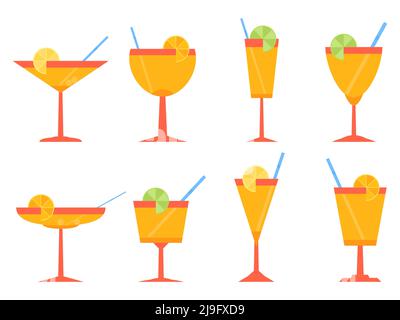 Cocktail icon set isolated on white background. Collection of alcoholic drinks in different glasses. Cocktail glasses with straw and lemon. Design for Stock Vector