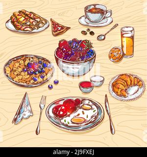 Food breakfast view icon set looks like meal standing on the wooden table vector illustration Stock Vector