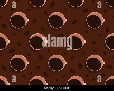 Coffee mugs top view seamless pattern. Coffee cups and coffee beans. Design for banners, posters and promotional materials. Vector illustration Stock Vector