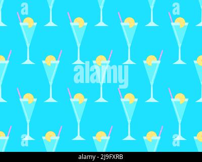 Cocktail with umbrellas seamless pattern. Alcoholic cocktails with umbrellas and orange slice on blue background. Design for bar menus, advertising ma Stock Vector