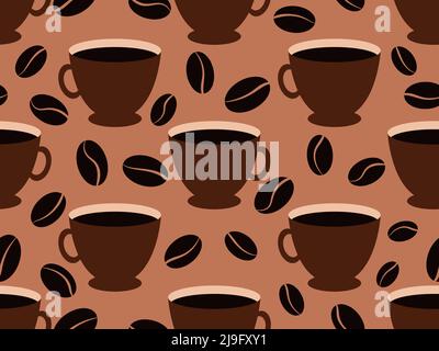 Coffee cups and coffee beans seamless pattern. Roasted coffee beans. Design for banner, posters and promotional items. Vector illustration Stock Vector