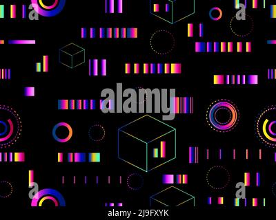 Geometric seamless pattern in cyberpunk style. Gradient futuristic geometric shapes in 80s style. Synthwave and retrowave design for banners, promotio Stock Vector