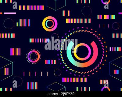 Geometric seamless pattern in cyberpunk style. Gradient futuristic geometric shapes in 80s style. Synthwave and retrowave design for banners, promotio Stock Vector