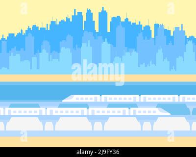 Trains on the background of the urban landscape. Panoramic view of the city. Train on the bridge. Subway cityscape. City skyline for print, posters an Stock Vector