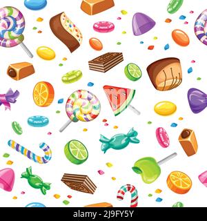 Sweet candy seamless background pattern with isolated flying lollypops candies and sweets vector illustration Stock Vector
