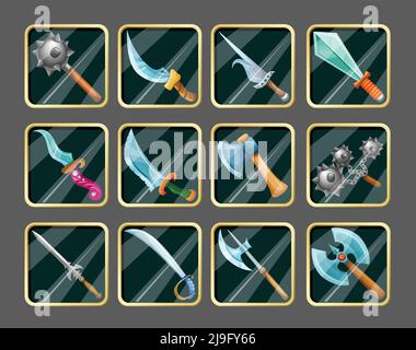 Collection of medieval weapons isolated icon set in squares and in cartoon style vector illustration Stock Vector