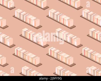 3d bookshelf seamless pattern. Isometric books on a bookshelf, catalog, library. Design for banners, promotional products and posters. Vector illustra Stock Vector