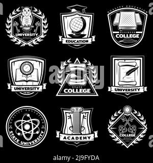 Vintage university and college labels set with educational study elements on black background isolated vector illustration Stock Vector
