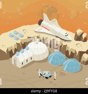 Isometric planet exploration and colonization concept with astronauts shuttle rover cosmic station on space landscape vector illustration Stock Vector